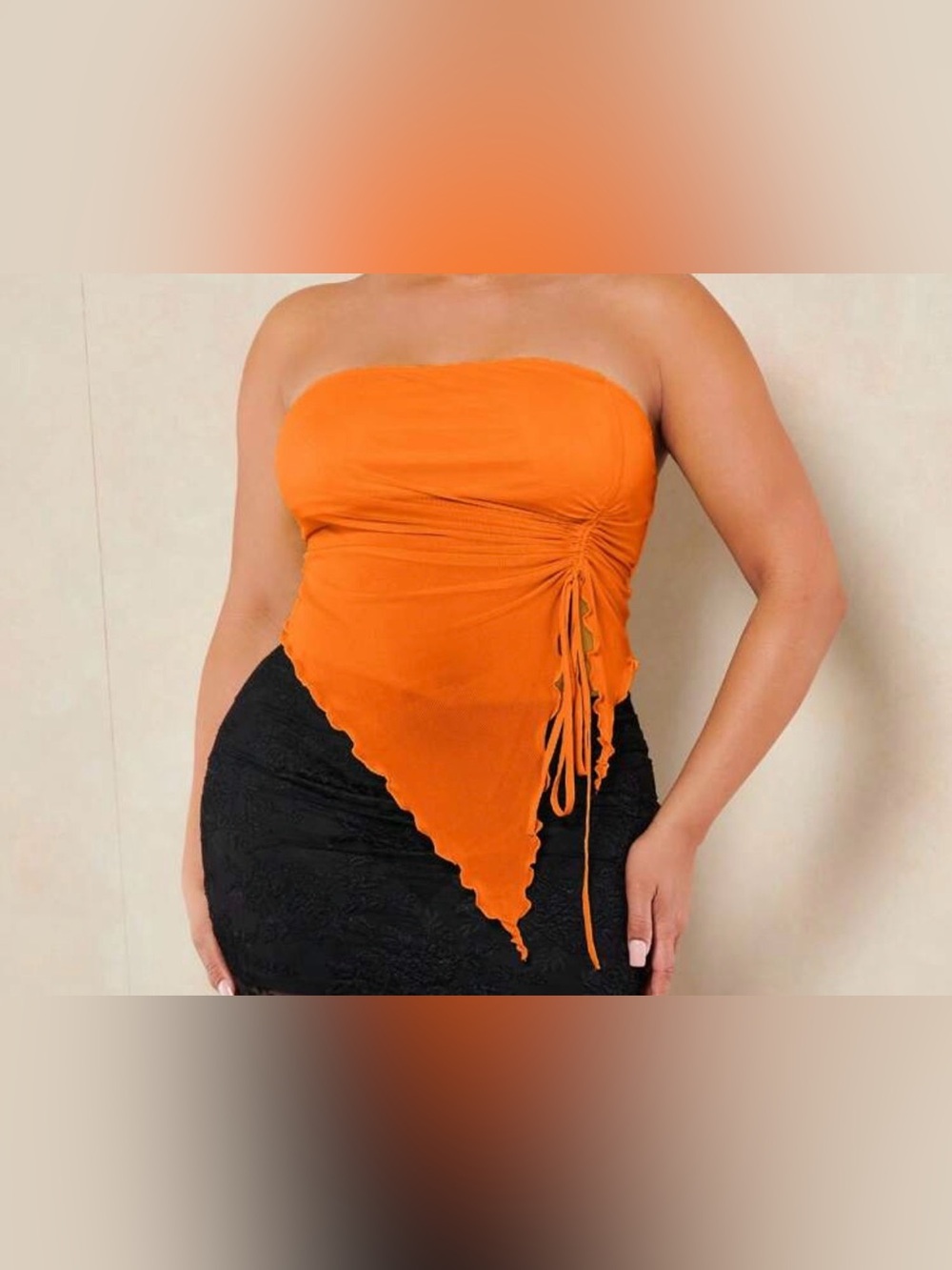Strapless Orange Asymmetric Handkerchief Crop Top